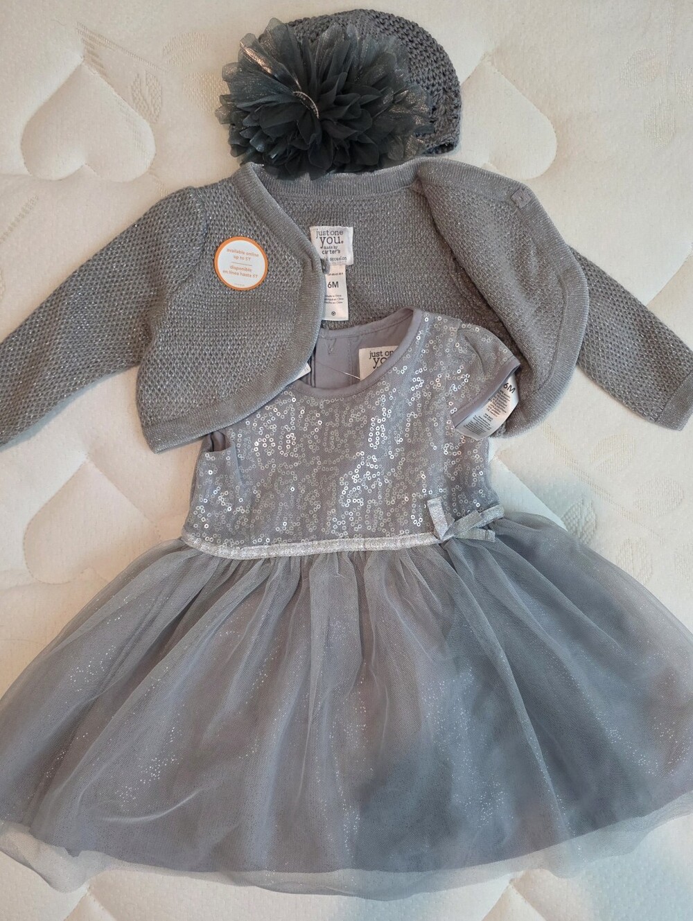 Girls Sparkle Tulle Dress with Knit Bolero and Flower Hat- Silver